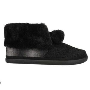 Toms Celeste Slipper Black Plaid with Faux Shearling and Pom Poms Size 11